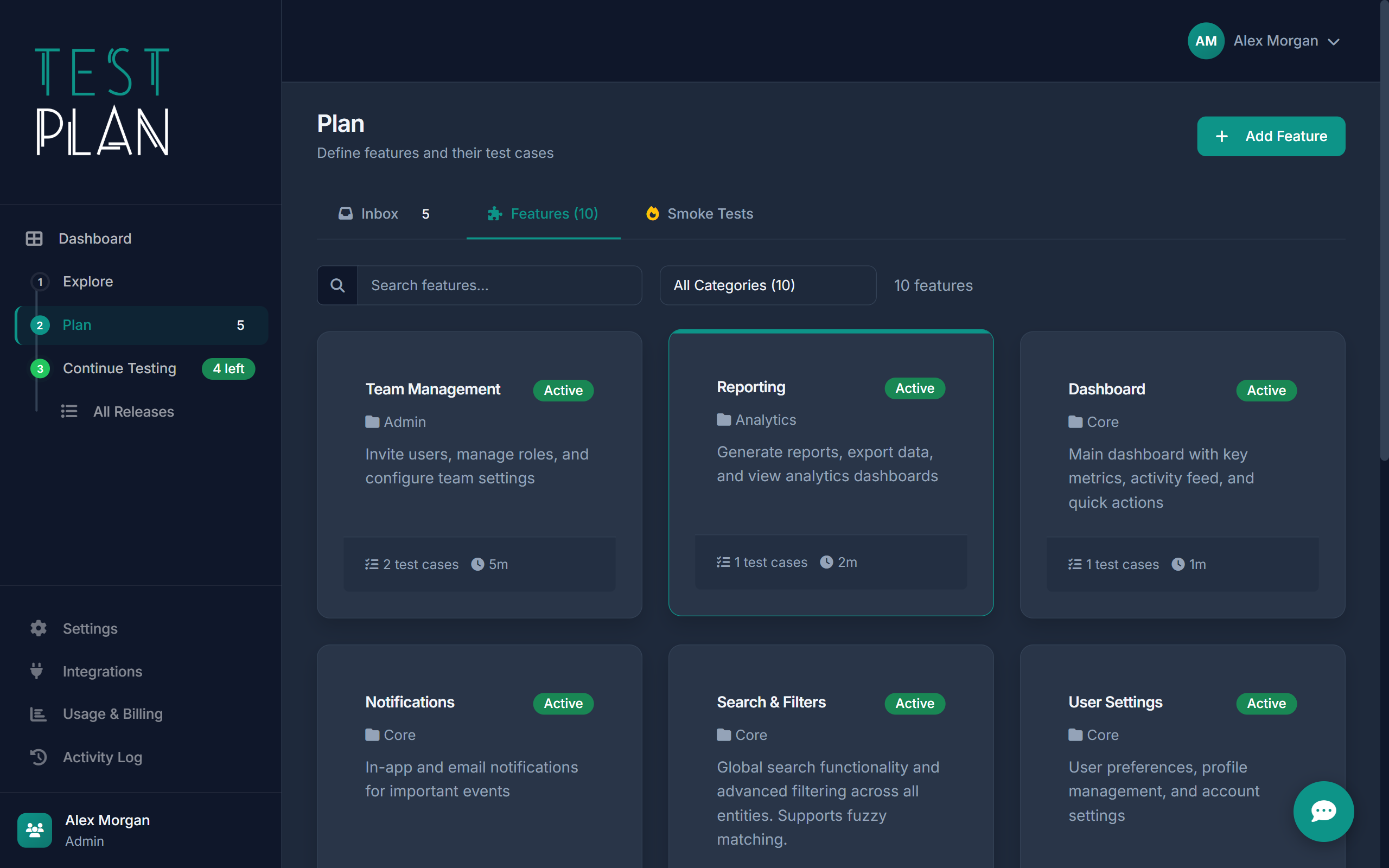 Features list in TestPlan